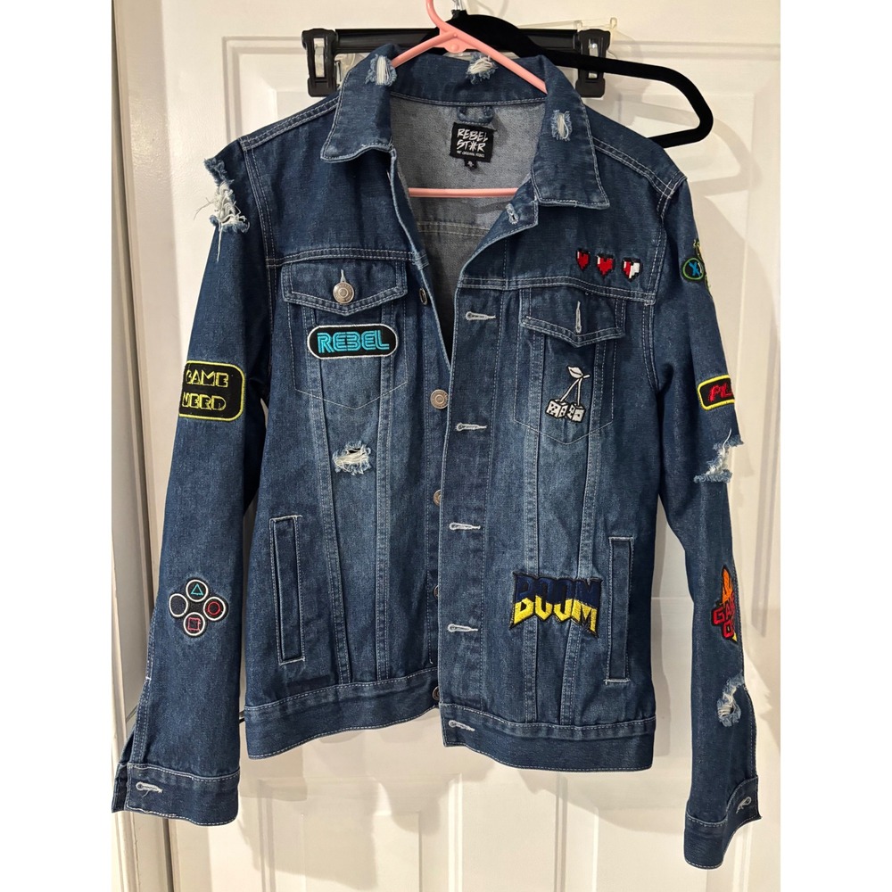 Rebel Star Distressed Denim Jacket Patches Gamer Nerd Style Sz Small‎